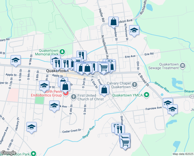 map of restaurants, bars, coffee shops, grocery stores, and more near 54 West Broad Street in Quakertown
