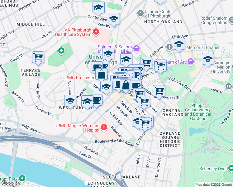 map of restaurants, bars, coffee shops, grocery stores, and more near 3705 Fifth Avenue in Pittsburgh