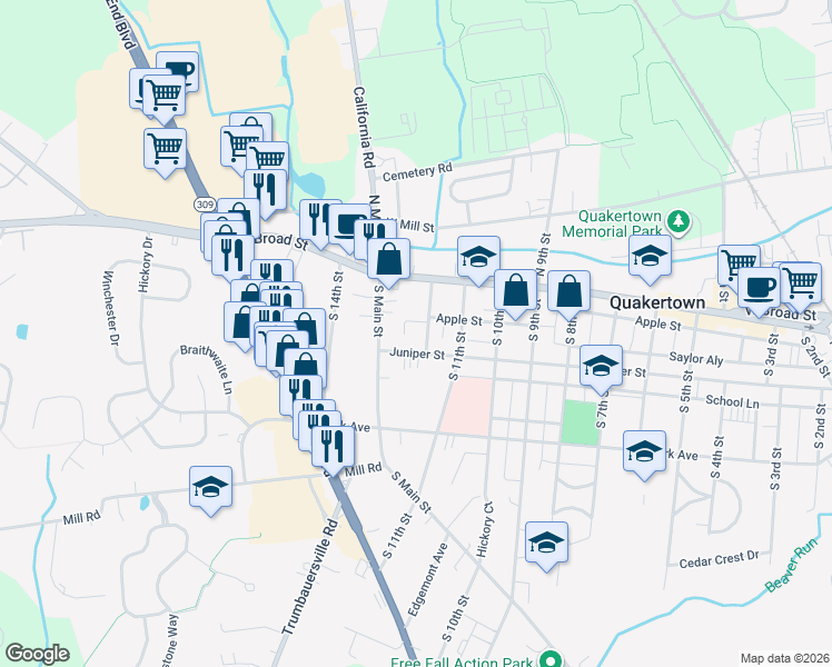 map of restaurants, bars, coffee shops, grocery stores, and more near 24 South 12th Street in Quakertown