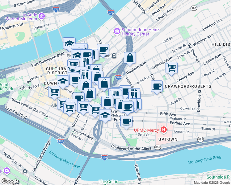 map of restaurants, bars, coffee shops, grocery stores, and more near in Pittsburgh