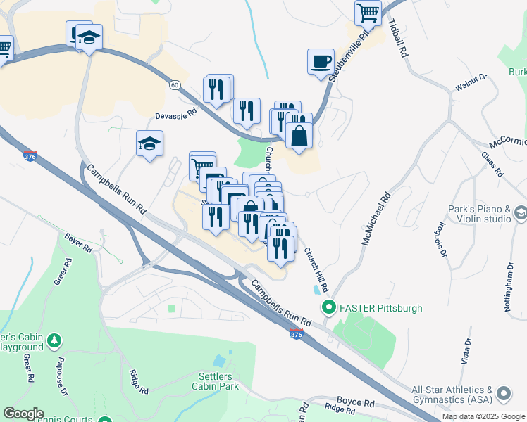 map of restaurants, bars, coffee shops, grocery stores, and more near 700 Settlers Ridge Center Drive in Pittsburgh