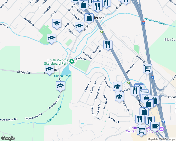 map of restaurants, bars, coffee shops, grocery stores, and more near 1560-1666 Bruce Drive in Anderson