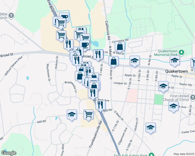 map of restaurants, bars, coffee shops, grocery stores, and more near 51 South 14th Street in Quakertown