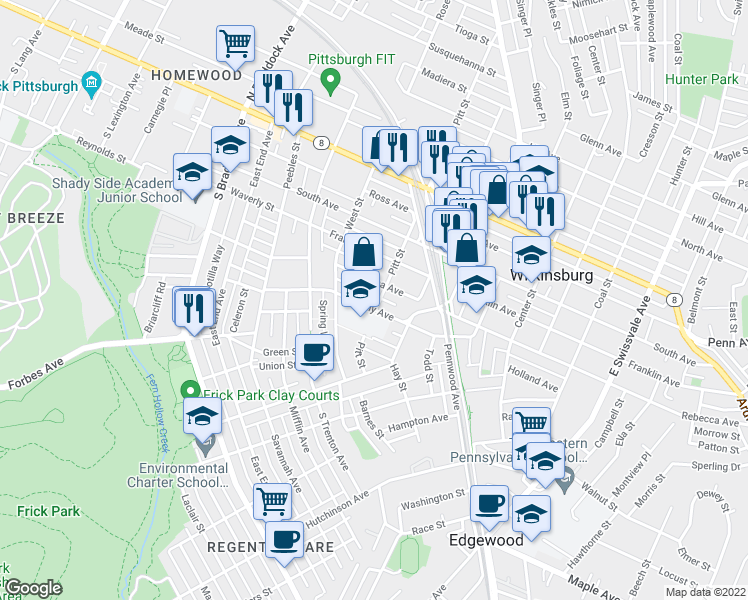 map of restaurants, bars, coffee shops, grocery stores, and more near 428 Rebecca Avenue in Pittsburgh