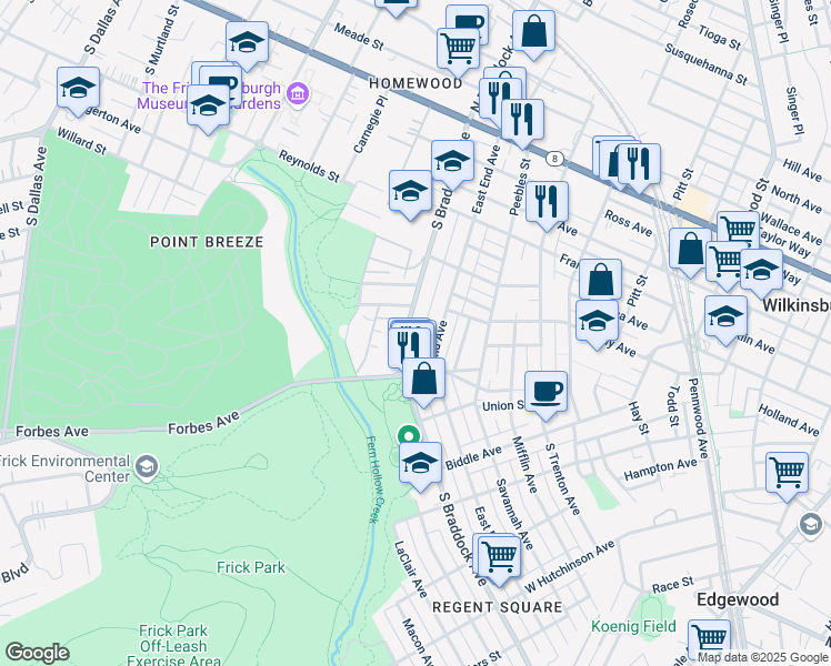 map of restaurants, bars, coffee shops, grocery stores, and more near 541 South Braddock Avenue in Pittsburgh