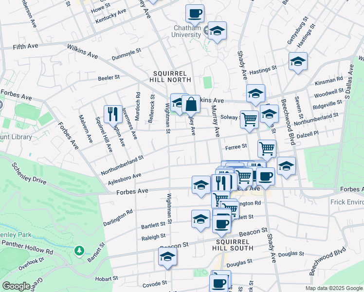 map of restaurants, bars, coffee shops, grocery stores, and more near 5649 Northumberland Street in Pittsburgh