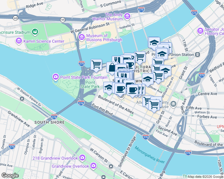 map of restaurants, bars, coffee shops, grocery stores, and more near in Pittsburgh