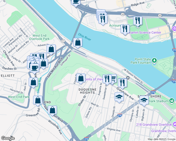 map of restaurants, bars, coffee shops, grocery stores, and more near 1700 Grandview Avenue in Pittsburgh