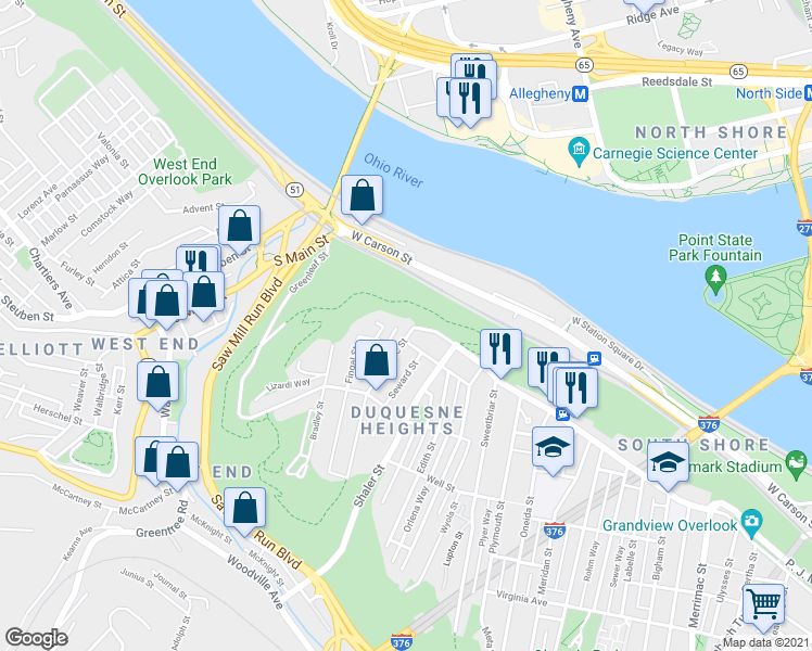 map of restaurants, bars, coffee shops, grocery stores, and more near 1700 Grandview Avenue in Pittsburgh