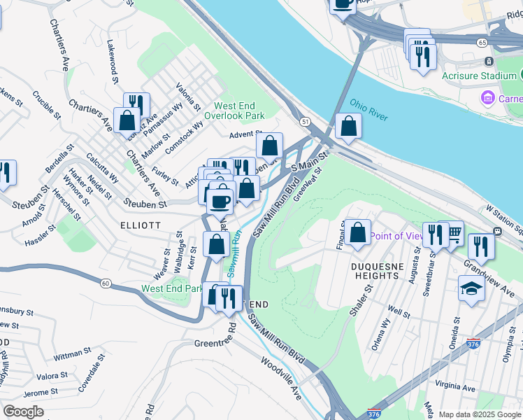 map of restaurants, bars, coffee shops, grocery stores, and more near 327 South Main Street in Pittsburgh