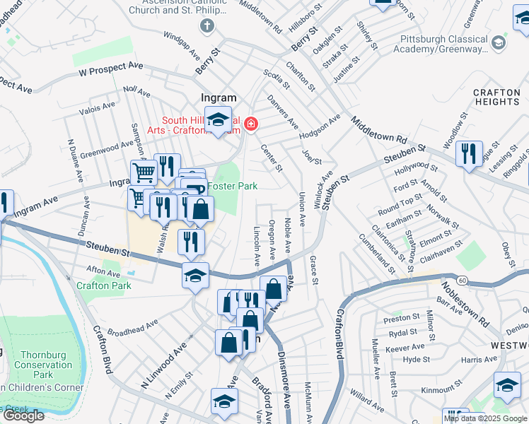 map of restaurants, bars, coffee shops, grocery stores, and more near 95 Lincoln Avenue in Crafton