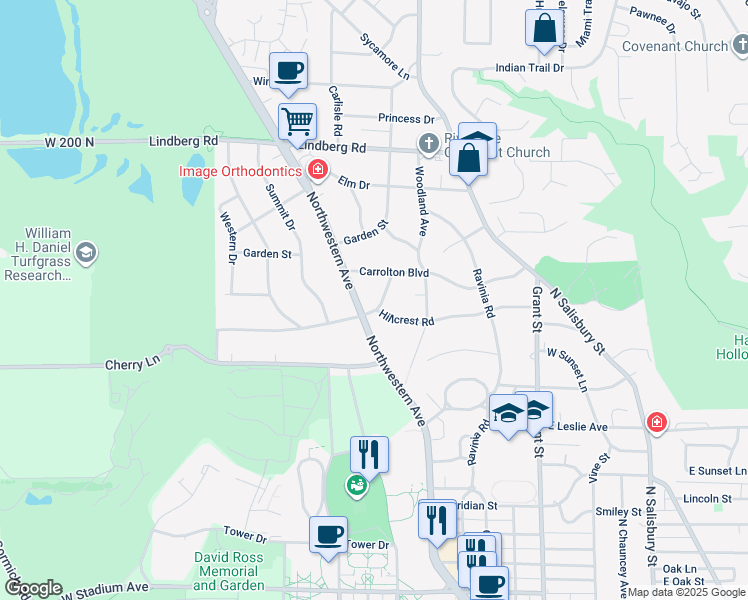 map of restaurants, bars, coffee shops, grocery stores, and more near 911 Carrolton Boulevard in West Lafayette