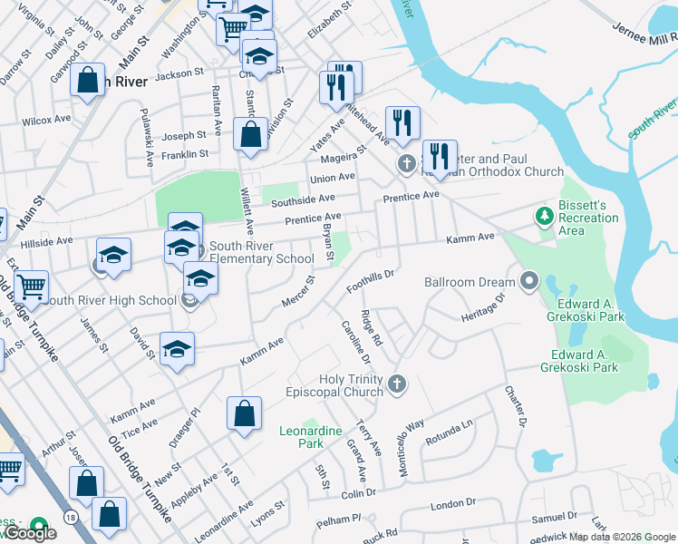 map of restaurants, bars, coffee shops, grocery stores, and more near 16 Bryan Street in South River