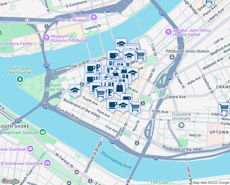 map of restaurants, bars, coffee shops, grocery stores, and more near 300 Sixth Avenue in Pittsburgh
