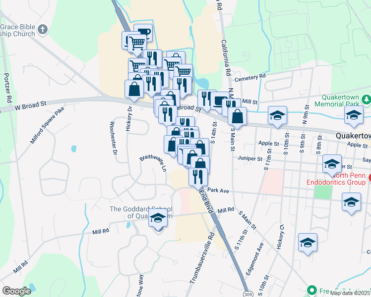 map of restaurants, bars, coffee shops, grocery stores, and more near 71 South West End Boulevard in Quakertown