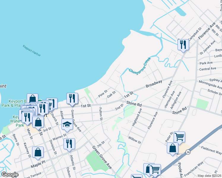 map of restaurants, bars, coffee shops, grocery stores, and more near 38 Walnut Street in Keyport