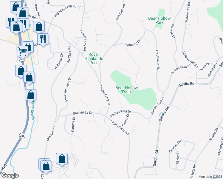 map of restaurants, bars, coffee shops, grocery stores, and more near 3649 Logan Ferry Road in Murrysville