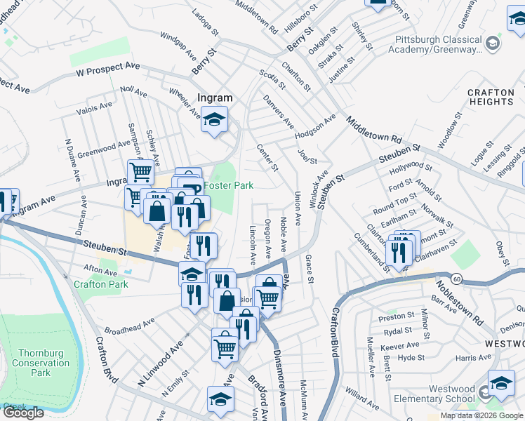 map of restaurants, bars, coffee shops, grocery stores, and more near 10 Valley Street in Crafton