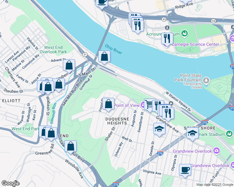 map of restaurants, bars, coffee shops, grocery stores, and more near 1700 Grandview Avenue in Pittsburgh