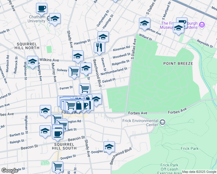 map of restaurants, bars, coffee shops, grocery stores, and more near 6532 Dalzell Place in Pittsburgh