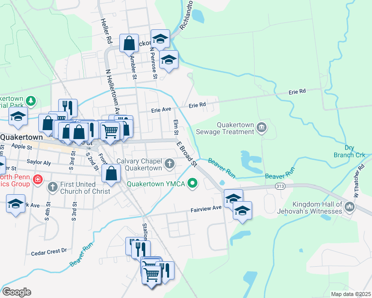 map of restaurants, bars, coffee shops, grocery stores, and more near 449 East Broad Street in Quakertown