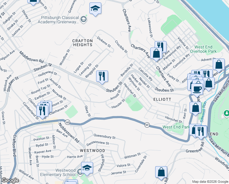 map of restaurants, bars, coffee shops, grocery stores, and more near None in Pittsburgh