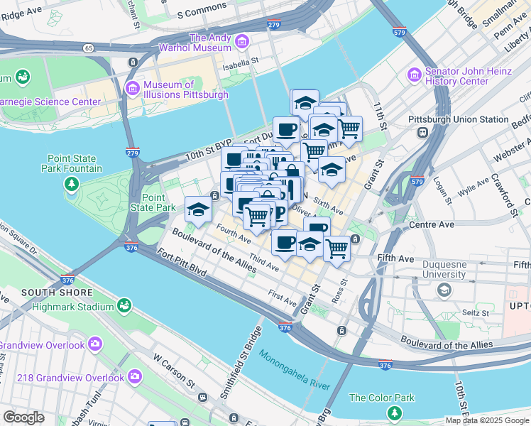 map of restaurants, bars, coffee shops, grocery stores, and more near 222 Fifth Avenue in Pittsburgh