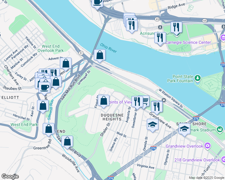 map of restaurants, bars, coffee shops, grocery stores, and more near 1700 Grandview Avenue in Pittsburgh