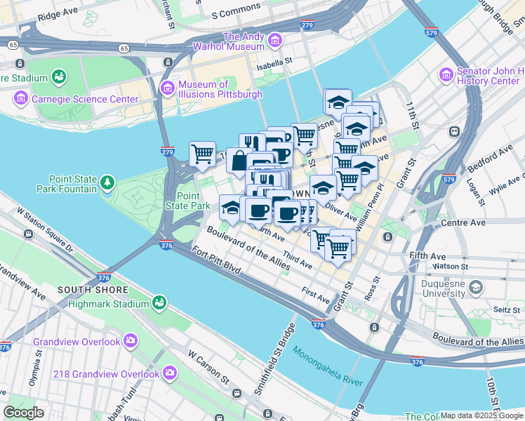 map of restaurants, bars, coffee shops, grocery stores, and more near 115 Forbes Avenue in Pittsburgh