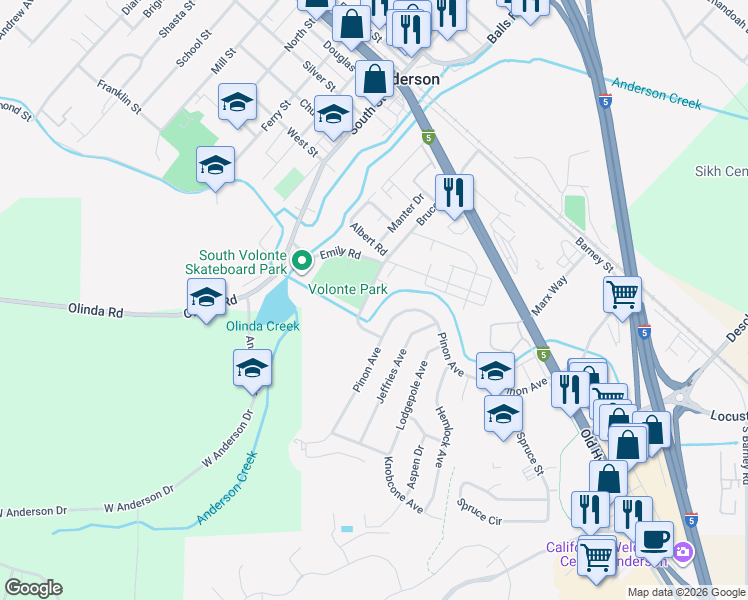 map of restaurants, bars, coffee shops, grocery stores, and more near 1560-1666 Bruce Drive in Anderson