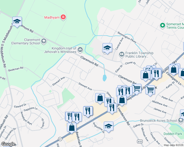 map of restaurants, bars, coffee shops, grocery stores, and more near 94 Crabapple Lane in Franklin Township