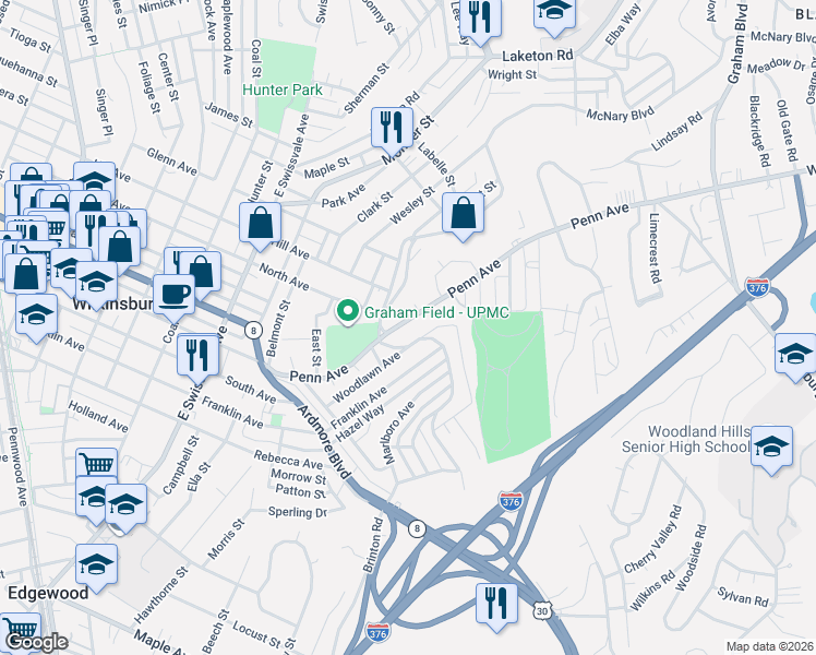 map of restaurants, bars, coffee shops, grocery stores, and more near 1425 Penn Avenue in Pittsburgh