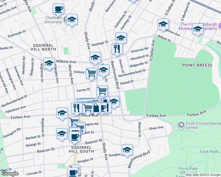 map of restaurants, bars, coffee shops, grocery stores, and more near 1516 Denniston Street in Pittsburgh
