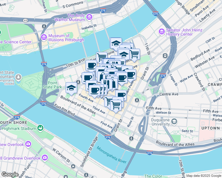 map of restaurants, bars, coffee shops, grocery stores, and more near 300 Sixth Avenue in Pittsburgh