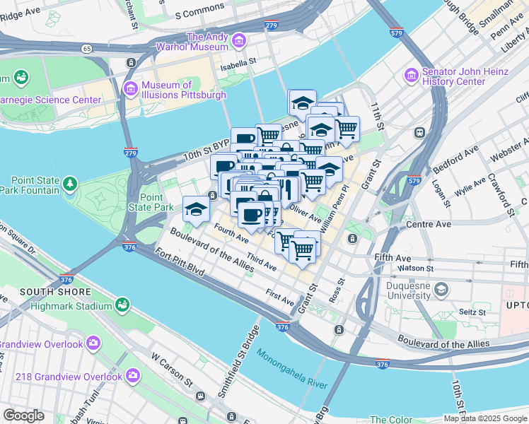 map of restaurants, bars, coffee shops, grocery stores, and more near in Pittsburgh