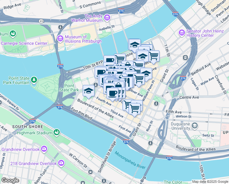 map of restaurants, bars, coffee shops, grocery stores, and more near in Pittsburgh
