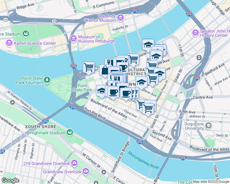 map of restaurants, bars, coffee shops, grocery stores, and more near in Pittsburgh