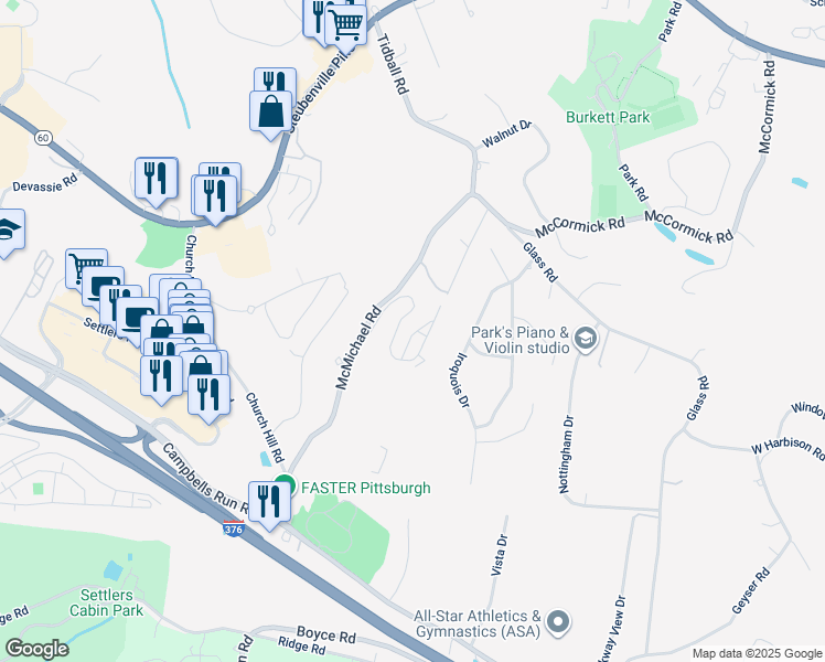 map of restaurants, bars, coffee shops, grocery stores, and more near 1208 Kenzie Road in Pittsburgh