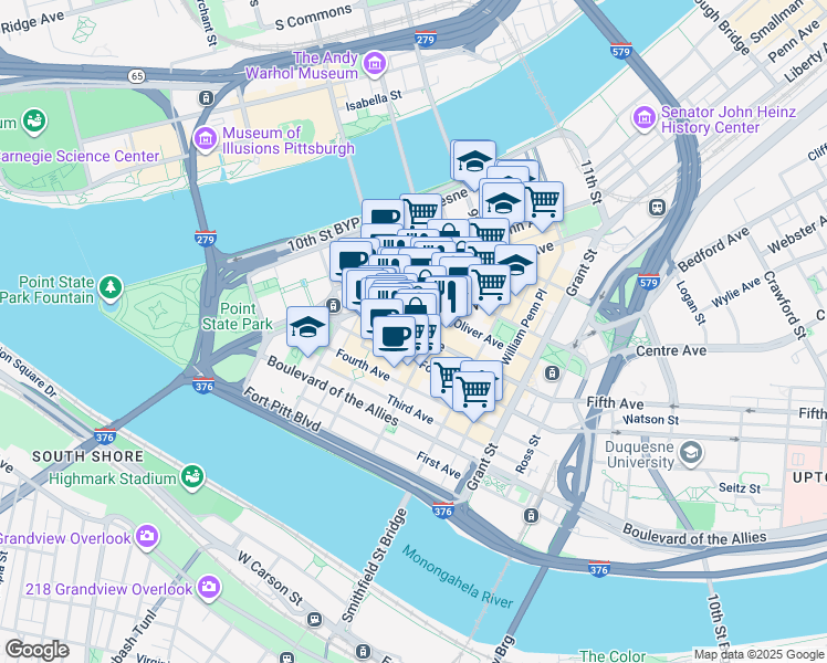 map of restaurants, bars, coffee shops, grocery stores, and more near 255 Fifth Avenue in Pittsburgh