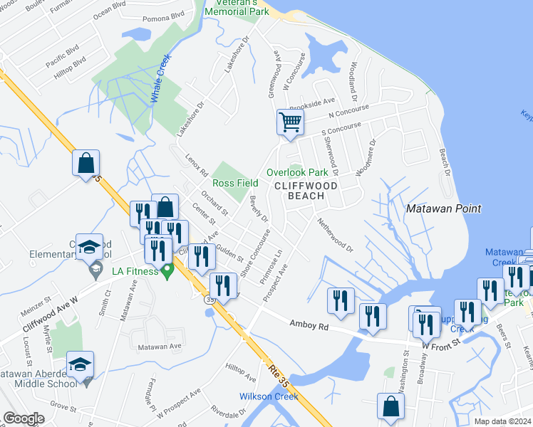 map of restaurants, bars, coffee shops, grocery stores, and more near 752 Shore Concourse in Keyport