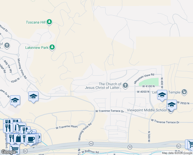 map of restaurants, bars, coffee shops, grocery stores, and more near 1027 West Seasons View Court in Lehi