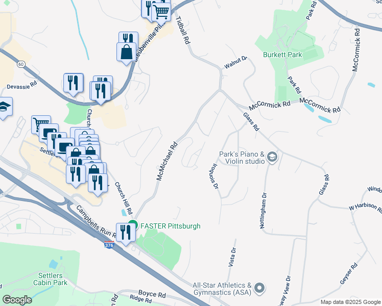 map of restaurants, bars, coffee shops, grocery stores, and more near 2007 Kenzie Road in Pittsburgh