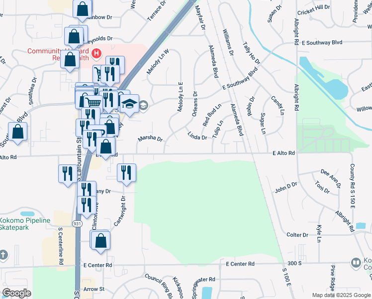 map of restaurants, bars, coffee shops, grocery stores, and more near 1004 East Alto Road in Kokomo