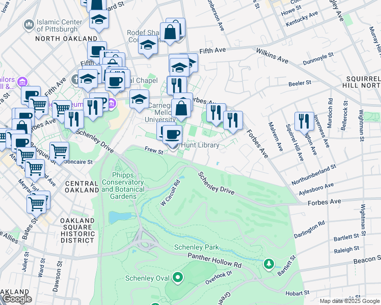 map of restaurants, bars, coffee shops, grocery stores, and more near in Pittsburgh