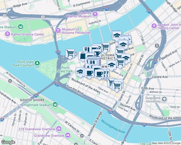 map of restaurants, bars, coffee shops, grocery stores, and more near 115 Forbes Avenue in Pittsburgh