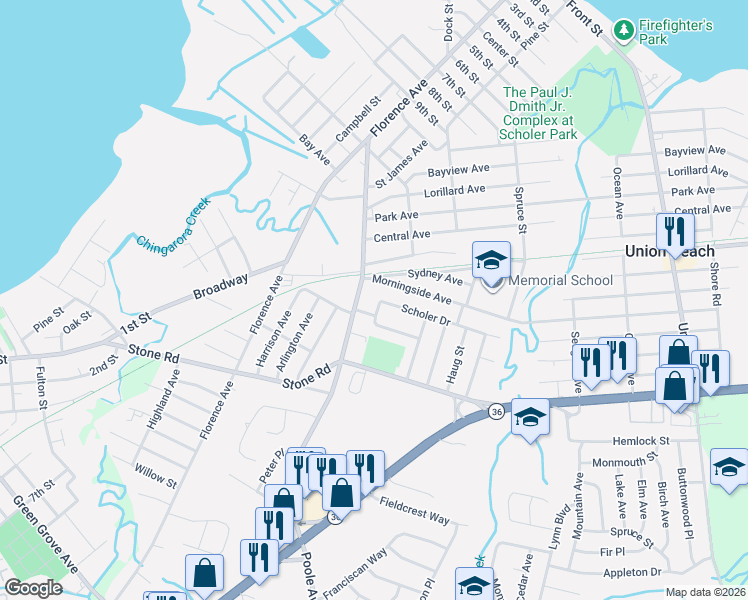 map of restaurants, bars, coffee shops, grocery stores, and more near 110 Morningside Avenue in Union Beach