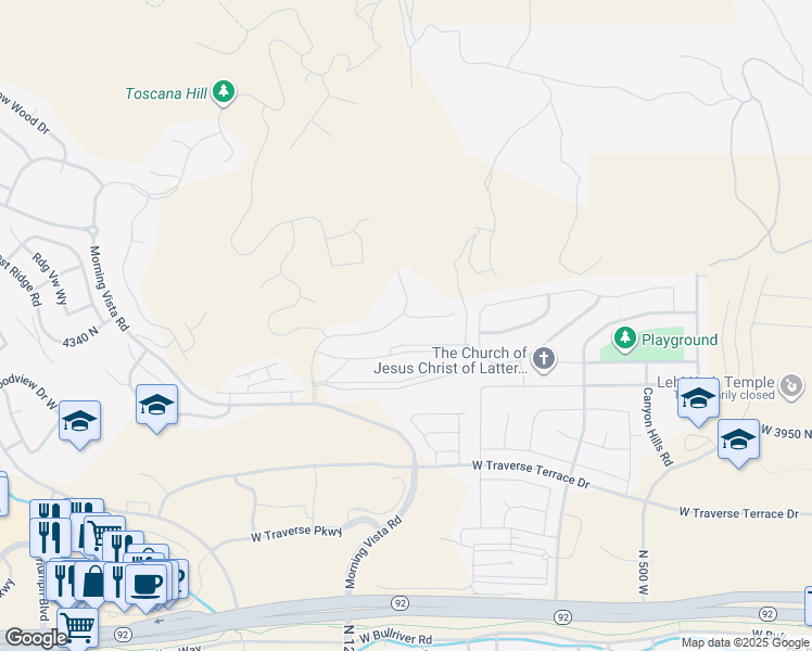 map of restaurants, bars, coffee shops, grocery stores, and more near 1057 West Seasons View Court in Lehi