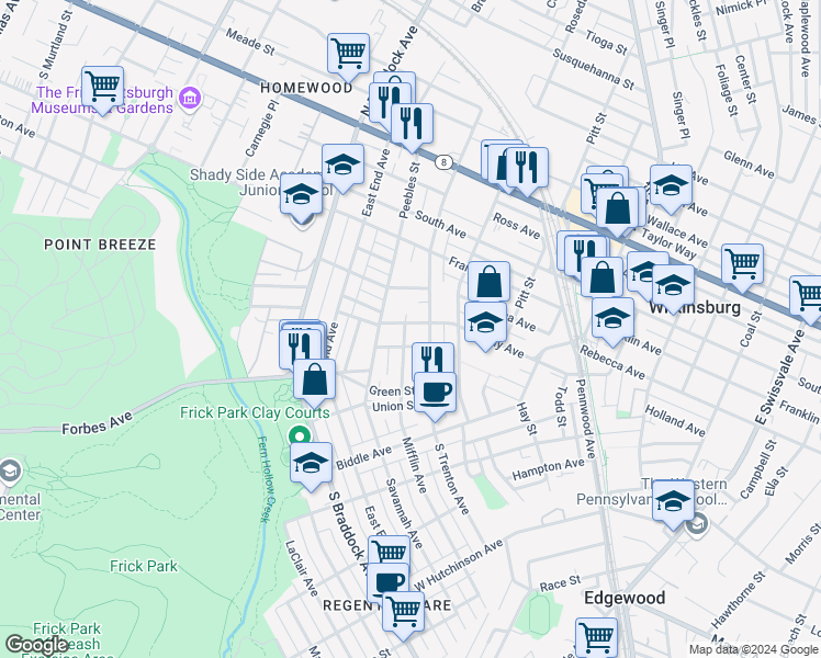 map of restaurants, bars, coffee shops, grocery stores, and more near 501 Mifflin Avenue in Pittsburgh