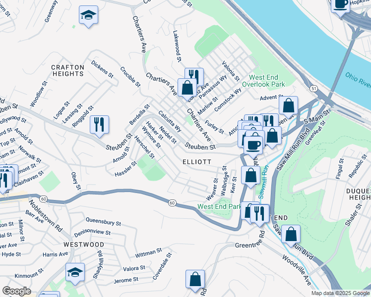 map of restaurants, bars, coffee shops, grocery stores, and more near 911 Amherst Street in Pittsburgh