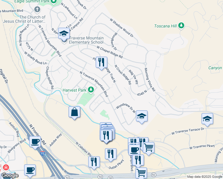 map of restaurants, bars, coffee shops, grocery stores, and more near 4342 Fox Trail Drive in Lehi